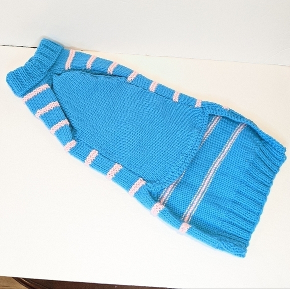handmade hand knit turquoise striped dog sweater XL - Picture 4 of 6